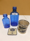 LOT OF 4 ANTIQUE BOTTLES & TINS - 2 MILK OF MAGNESIA  TIN OF 30 TABLETS (ACTUALLY IN TIN) & LACTOGEN
