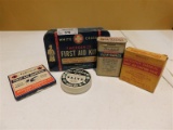 5 PIECE ANTIQUE TINS/BOXES - FIRST AID TIN (EMPTY) - FIRST AID BANDAGE TIN (FULL) - ANTISEPTIC CARBO