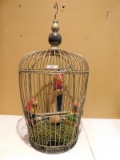 VINTAGE METAL BIRDCAGE W/ 3 WOOD CARVED BIRDS INCLUDED - 32