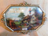 ANTIQUE METAL FRAMED 3-D COTTAGE W/ JESUS OVERHEAD - VERY UNIQUE CONVEX GLASS OVER PICTURE W/ FLOWER