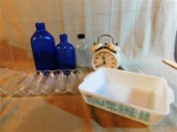 MISC. VINTAGE LOT - 2 MILK OF MAGNESIA BOTTLES - 1 LISTERINE BOTTLE - INTERNATIONAL ALARM CLOCK - PY