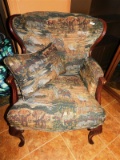 ANTIQUE QUEEN ANN WINGBACK CHAIR/ AFRICAN ANIMAL TAPESTRY FABRIC/ FEATHER DOWN ACCENT PILLOW