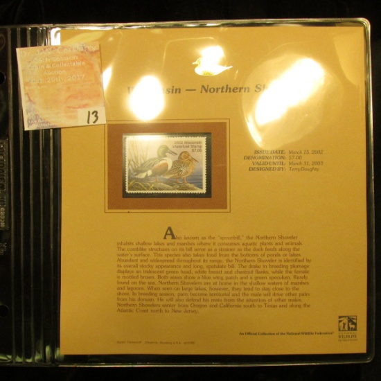 2002 Wisconsin Waterfowl Stamp $7.00, Mint Condition in plastic sleeve with literature, unsigned. De