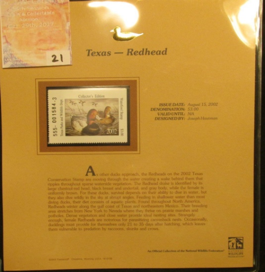 2002 Texas Waterfowl Stamp $3.00, Mint Condition in plastic sleeve with literature, unsigned. Depict