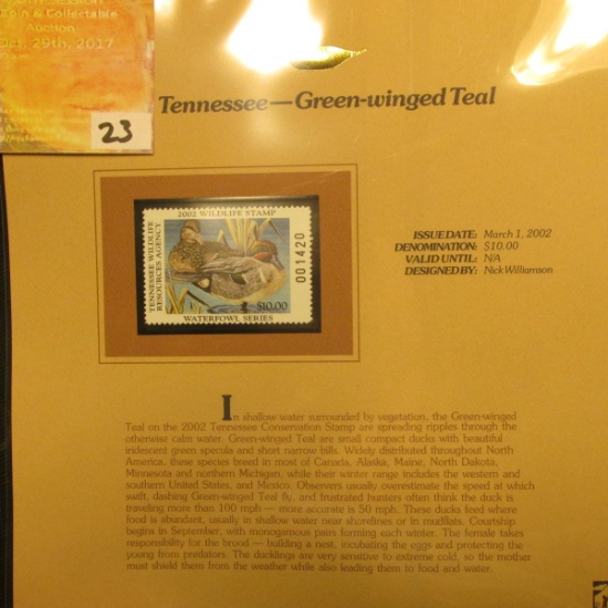 2002 Tennessee Waterfowl Stamp $10.00, Mint Condition in plastic sleeve with literature, unsigned. D