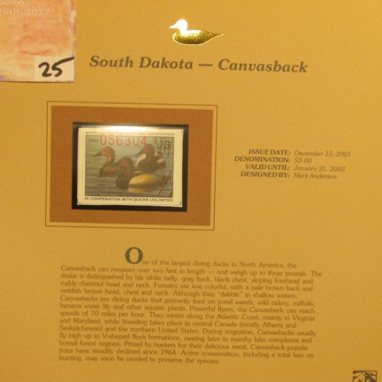 2002 South Dakota Waterfowl Stamp $3.00, Mint Condition in plastic sleeve with literature, unsigned.