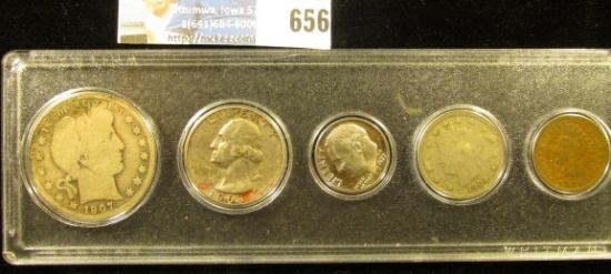 Five-Piece Type Set of U.S. Coins in a Snaptite case, includes 1905 VG Indian Cent, 1909 Liberty Nic