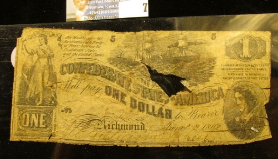 VINTAGE CONFEDERATE STATES OF AMERICA ONE DOLLAR NOTE DATED 1862