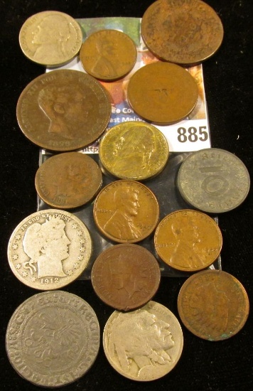 Mixed Group of Old Coins including some Silver, a counterstamped Two Cent Piece, and a Large Cent.