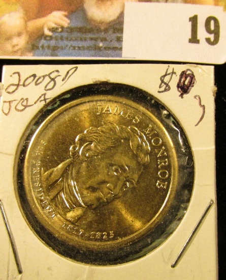 2008 D Presidential James Monroe 'Golden' Dollar Coin. Gem BU.