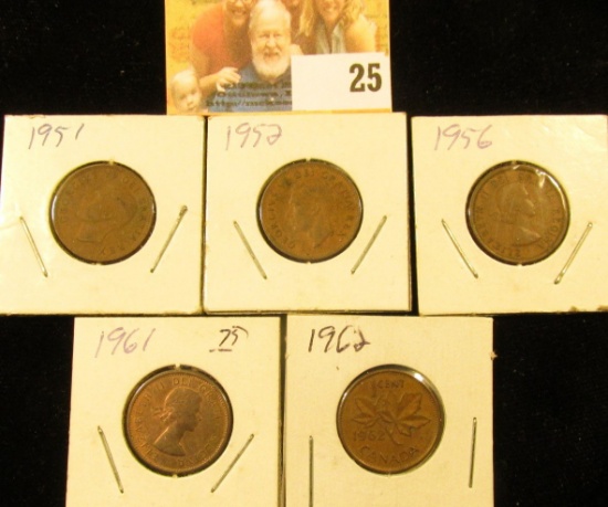 1951, 52, 56, 61, & 62 Circulated Canada Small Cents.