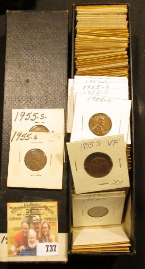 9" x 2" x 2" Stock Box full of Lincoln Cents dating 1955-57D. Several BU pieces.