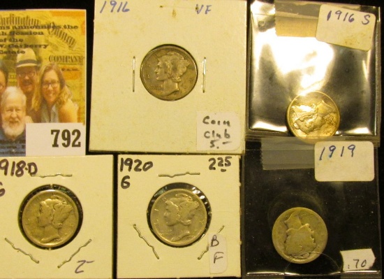 1916 P, S, 18 D, 19 P, & 20 P Mercury Dimes, grades up to Very Fine.