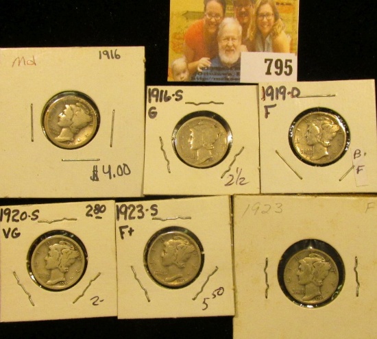 1916 P, 16 S, 19 D, 20 S, 23 P, & 23 S Mercury Dimes, grades up to Fine.