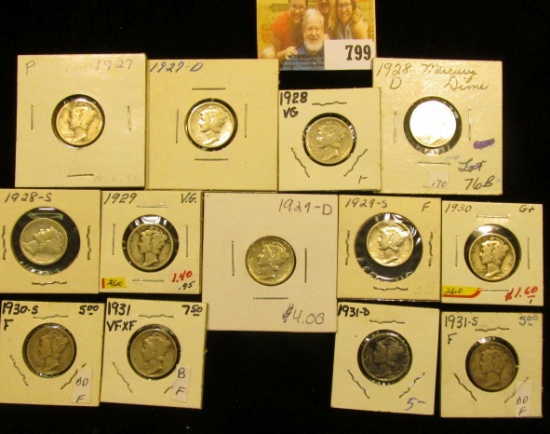 1927 P, D, 28 P, D, S, 29 P, D, S, 30 P, S, 31 P, D, & S Mercury Dimes grading up to VF.