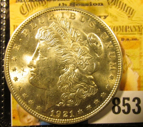 1921 P U.S. Morgan Silver Dollar. Brilliant Uncirculated. Gold and amber reverse toning.