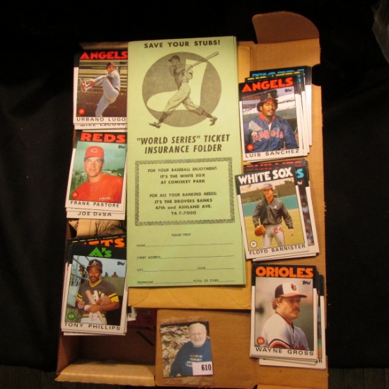"World Series Ticket Insurance Folder" and a 14" Card Stock Box 3/4 full of mid 1980 Baseball Cards.