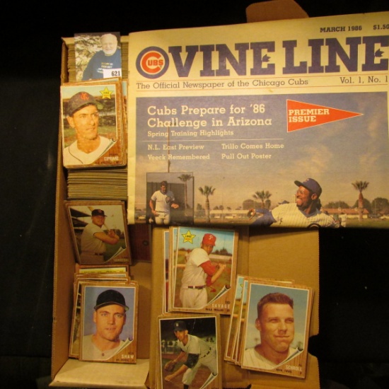 14" Card Stock Box half full of 1962 Topps Baseball cards; & March 1986 Vol.1, No. 1 "Cubs Vine Line