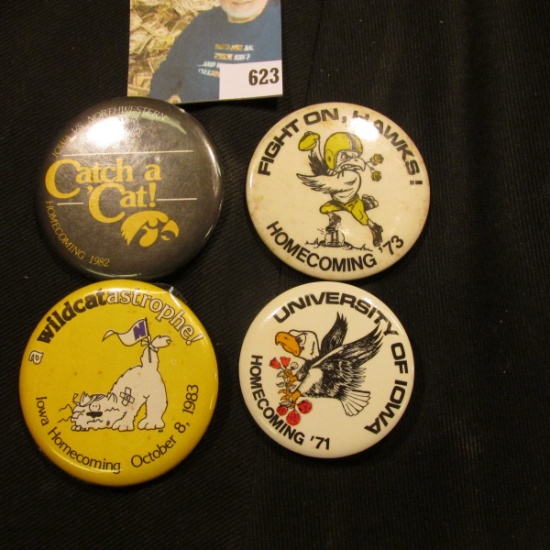 (4) Different 1970-80 Hawkeye Homecoming Pin-backs. One is missing pin.