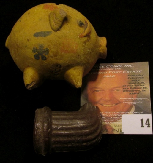Fluted Clay Trade Pipe, broken stem; & "Mexico" Stamped Clay hand painted Pig. Killed top of pig, pi