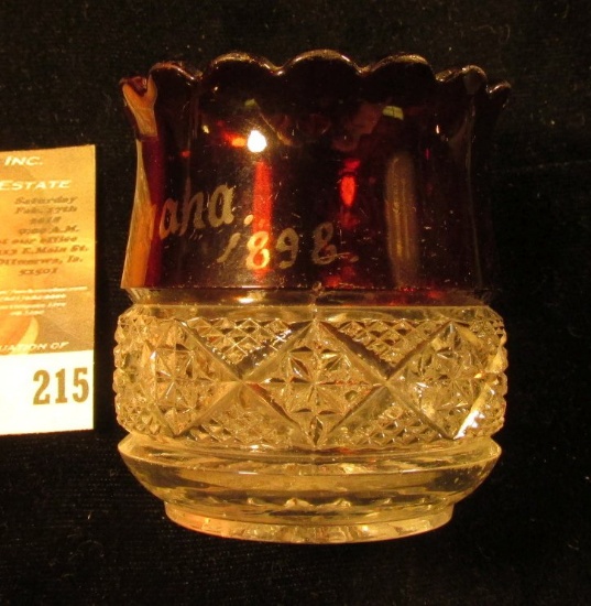 "J.A. Crawford", "Omaha 1898" from the 1898 Exposition, Ruby Red Flash Glass Toothpick Holder, one-l