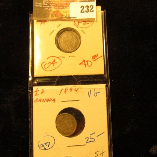 Canada 1880 H & 1894 5 Cent Silver. F, VG.