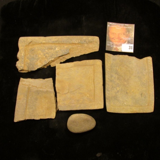 4-pcs. Incised Pre-Columbian Slate fragments and a small Mano.