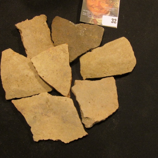 7 Pre-Columbian Native American Pottery Shards, no attempt made to reconstruct bowl or utensil.