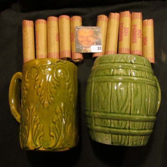 Mix-matched Pair of Stoneware Cups with olive-green glazing.  (10) Rolls of bank-wrapped Old U.S. Wh
