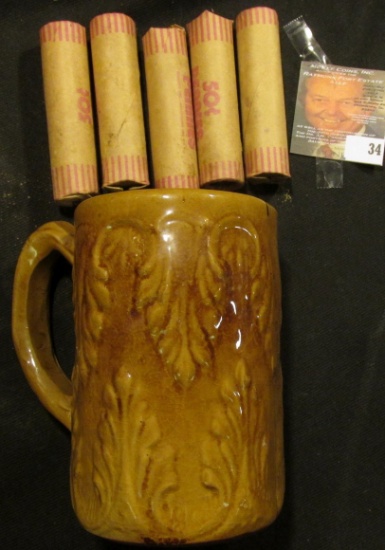 Brown-glazed Stoneware Mug with (5) Rolls of Bank-wrapped Wheat Cents. Fern or Fleur-de-lis design.