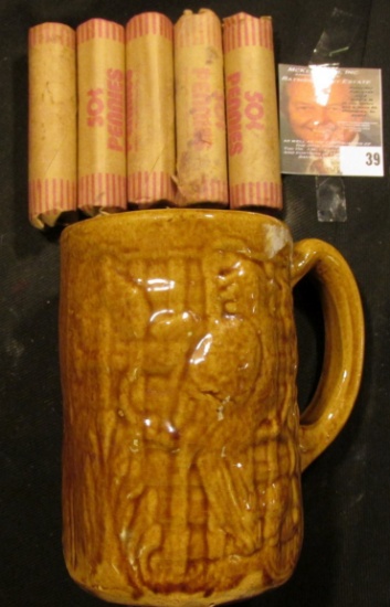 Morton Parrot design brown-glazed Stoneware Beer Mug with (5) Rolls of Bank-wrapped Wheat Cents.