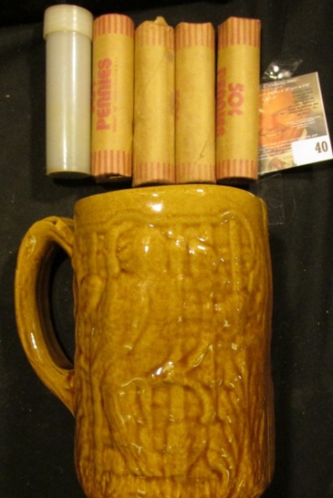 Morton Parrot design brown-glazed Stoneware Beer Mug with (5) Rolls of Bank-wrapped Wheat Cents, inc