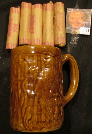 Morton Parrot design brown-glazed Stoneware Beer Mug with (5) Rolls of Bank-wrapped Wheat Cents, inc