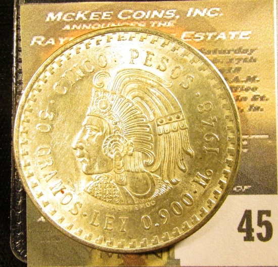1948 Mexico Silver Cinco 5 Pesos depicting the Aztec Emperor, Cuauhtémoc ~ Ley 0.900 ~ BU ~ UNCIRCUL