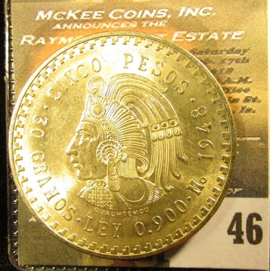 1948 Mexico Silver Cinco 5 Pesos depicting the Aztec Emperor, Cuauhtémoc ~ Ley 0.900 ~ BU ~ UNCIRCUL