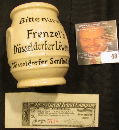 Small Stoneware Advertising Jug Made in Germany "Lowensenf Fullen gegr. Fabr.Marke ges.Sesch.1903",