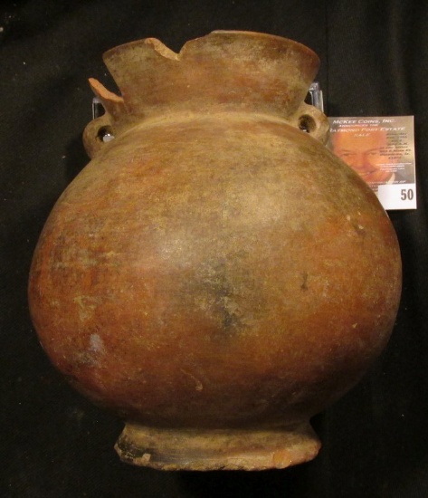 5 3/4" x 5 1/2" Pottery Vessel with two small handles with holes for hanging, several ancient chips,