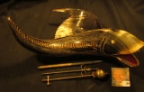 Brass Clock Pendulum, Graphite Pencil; Metal Spear; & a large Shark carved from the Horn of a Bull.