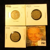 1922, 27, & 28 Canada Nickels. VG-F.