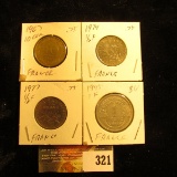 1967 France 10 Centimes, 1974, 1977 1/2 Franc & 1945 1 Franc.