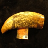 Simulated Whale Tooth with engraving of a Stage Coach with horses and riders, and pair of crossed bl