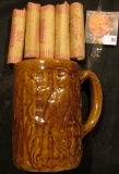 Morton Parrot design brown-glazed Stoneware Beer Mug with (5) Rolls of Bank-wrapped Wheat Cents, inc