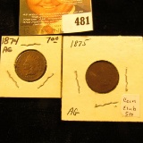 1874 & 1875 Indian Head Cents.  AG.