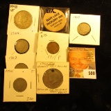 1976 D Kennedy Half Dollar (holed for a necklace); 1927 P Cent Fine; 1895, 1903, 1904, & 1911 Libert