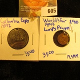 1893 Columbia Exposition World's Fair Token With The Lord's Prayer On The Reverse.  This Coin Is Sma