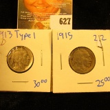 1913 D Type 1 Buffalo Nickel, Vf; & 1915 P Buffalo Nickel, Fine+.