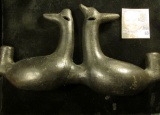 Back Bird Effigy Figure, cracked in half and restored. Bowls on either side but not a pipe. 10