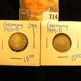 1919-D And 1916-D Silver German Half Mark Coins