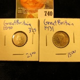 Silver 3 Pence Coins From Great Britain Dated 1890 And 1931