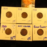 Off Center Penny, Blank Planchet, 3 1909 Wheat Pennies, And Key Date 1910-S Wheat Penny